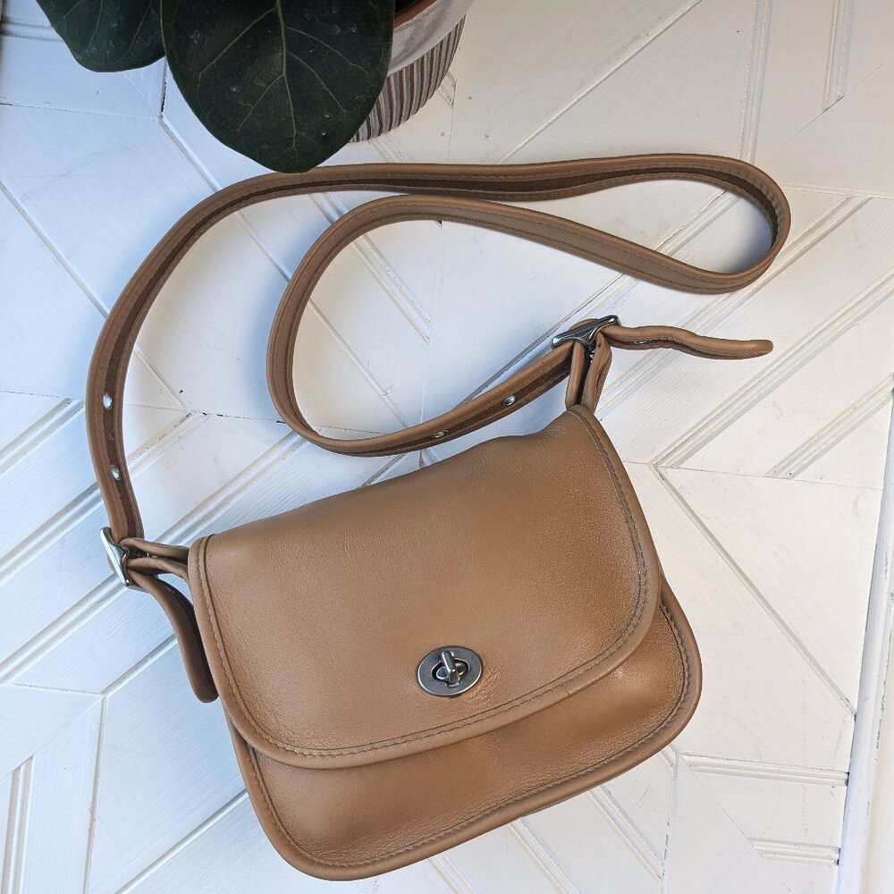 Camel Leather Small Flap Saddle Crossbody Bag - Picture 4 of 11